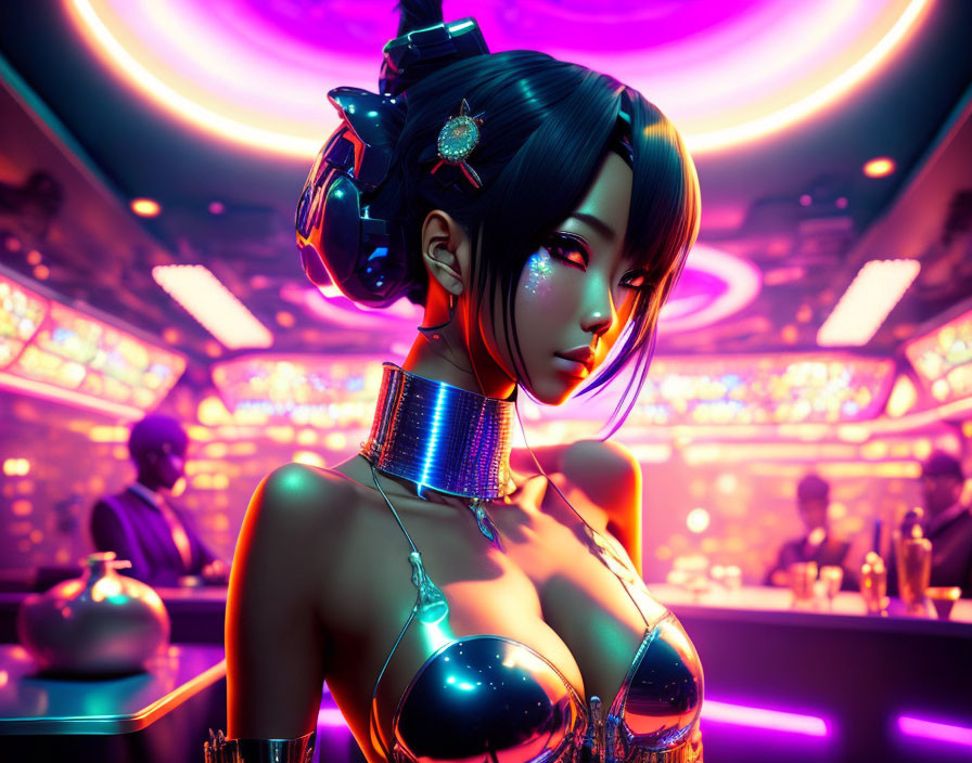 Futuristic anime-style female character with cybernetic features in neon-lit bar