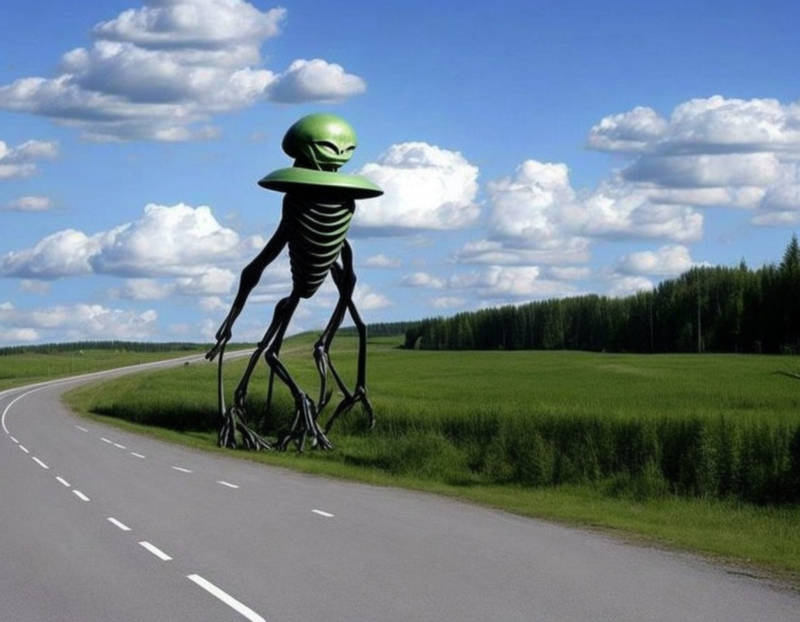 Digitally altered image of giant skeletal alien in lush green countryside