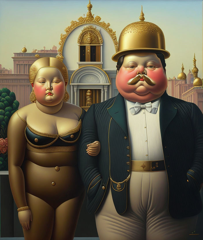 American Gothic in the style of Botero