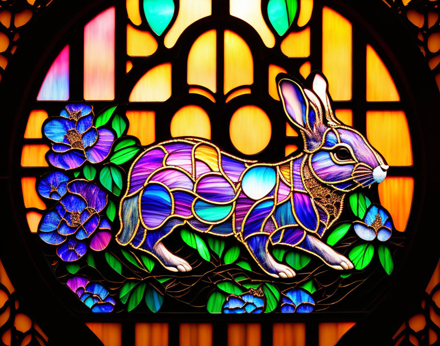 Colorful Stained Glass Window with Rabbit and Foliage