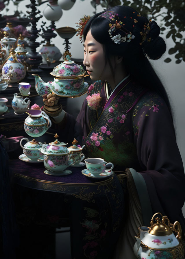 Traditional Asian Attire Woman with Porcelain Teapot and Ornate Teaware