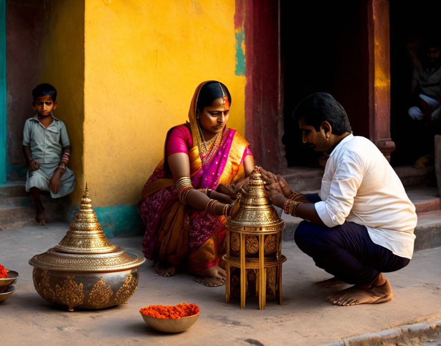 Traditional Indian Attire: Man and Woman in Cultural Ritual with Brass Pots