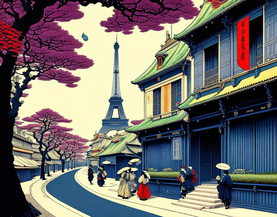 Japanese Street Scene with Cherry Blossoms, Kimonos, and Eiffel Tower Fusion