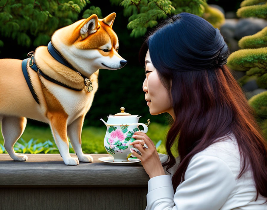 A Japanese woman with a Japanese dog
