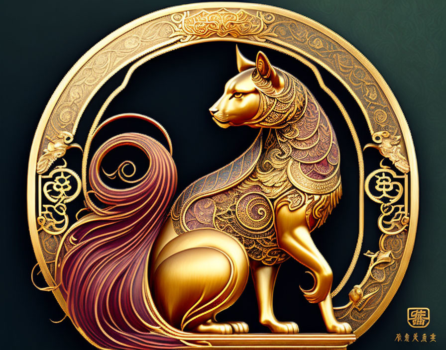 Golden Cat Sculpture with Celtic-Inspired Designs in Circular Frame