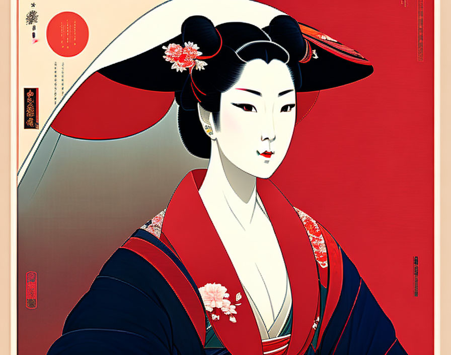 Traditional Japanese Geisha in Red Kimono with Floral Details