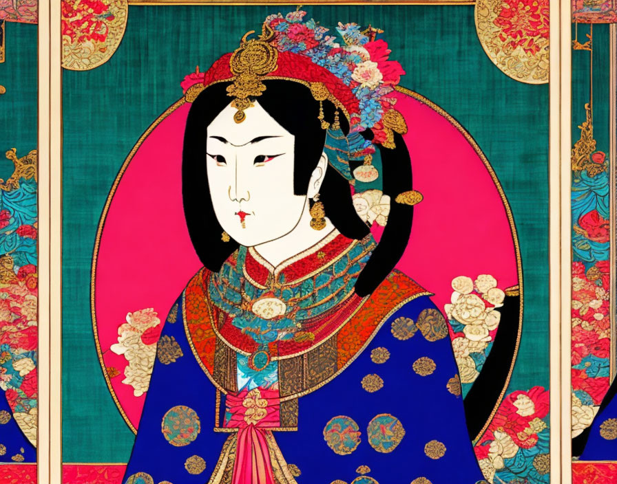 Traditional Asian Artwork: Woman in Elaborate Attire with Peacocks