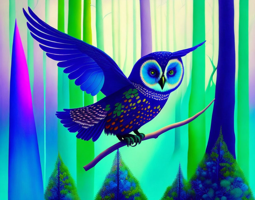 Colorful Stylized Owl Illustration in Vibrant Forest