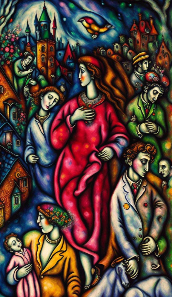 Colorful Expressionist Painting with Stylized Figures and Woman in Red