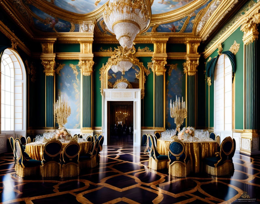 Luxurious banquet hall with gold trimmings, chandeliers, blue walls, and elegant black