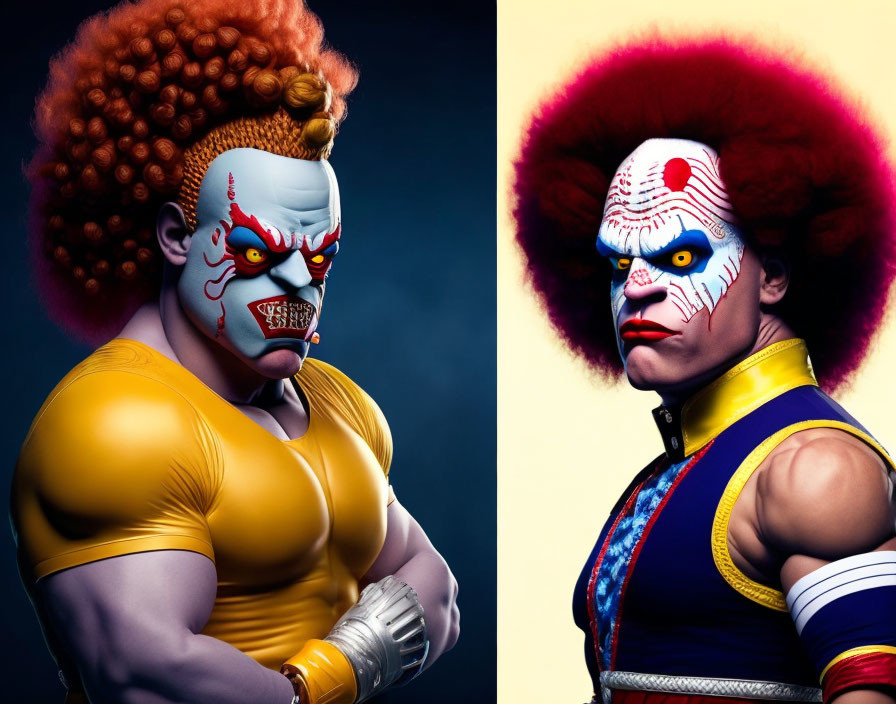 Stylized clowns with muscular builds and dramatic makeup against dark background