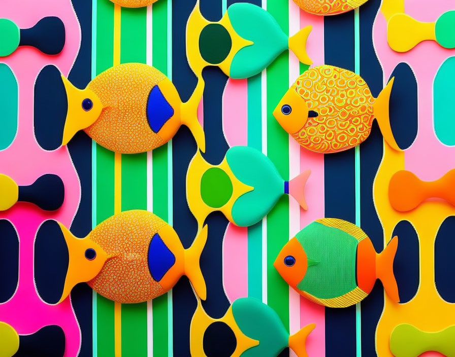 Vibrant paper art of stylized fish on striped background