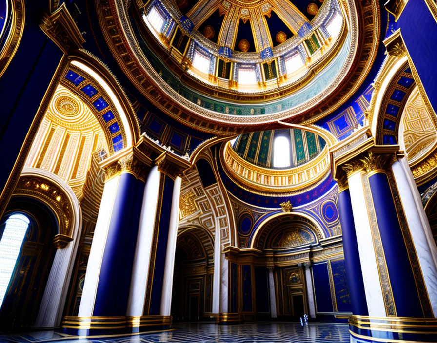 Grand building interior with high ceilings, gold accents, blue decor, pillars, and central dome.