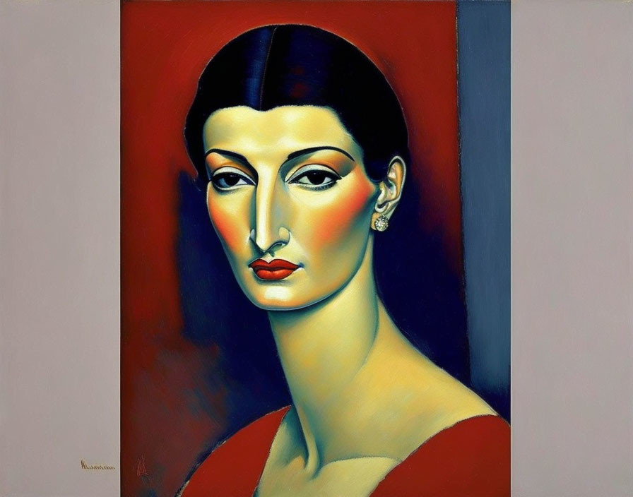 Stylized portrait of a woman in red dress with art deco flair