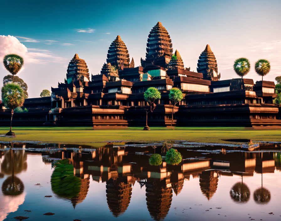 Iconic Angkor Wat temple complex reflected in water on clear day