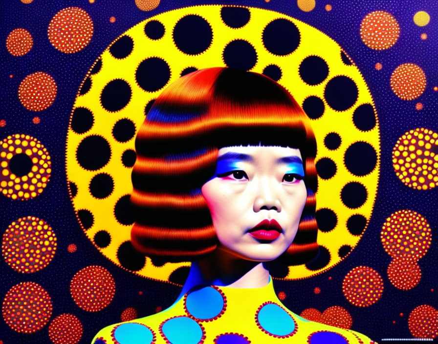Vibrant digital artwork: woman in patterned outfit blending with psychedelic background