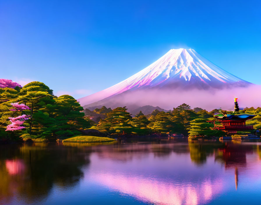 Tranquil sunrise landscape with Mount Fuji, pagoda, cherry blossoms, and serene lake