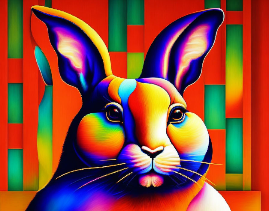 Abstract Multi-Colored Rabbit on Red and Orange Striped Background