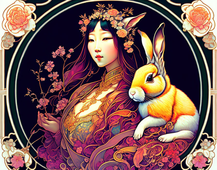 Stylized woman in traditional attire with rabbit and floral motifs