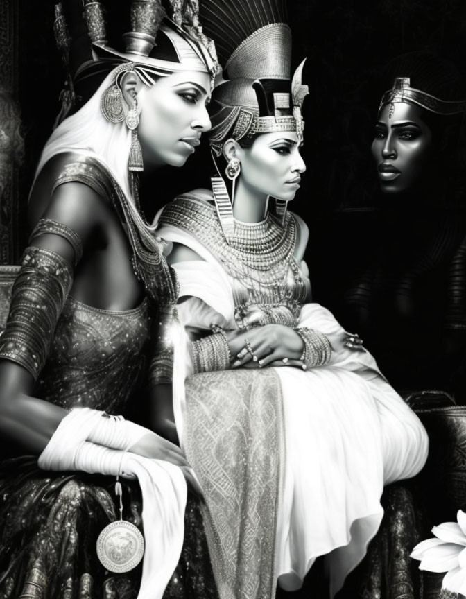 Three Women in Ancient Egyptian-Inspired Attire and Ornate Headdresses