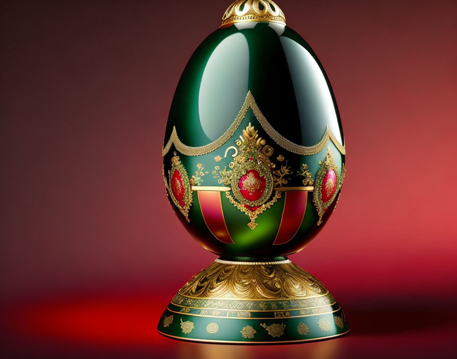 Intricate Gold Designs and Red Gemstones on Ornate Jeweled Egg