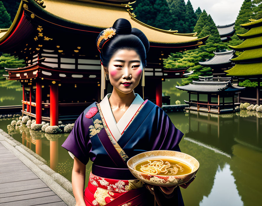 Traditional Japanese woman with noodles in front of historic temple.