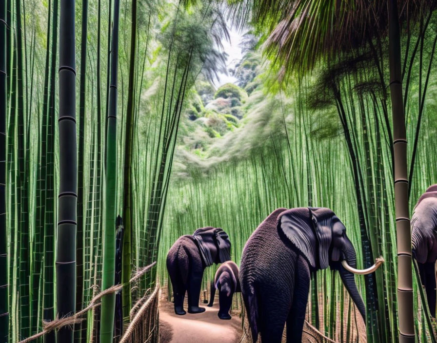 Tranquil Bamboo Forest Pathway with Three Elephants