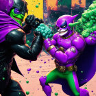 Dynamic Superhero Battle in Vibrant Cityscape at Dusk