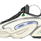 White, Grey, Yellow, and Green Sneaker with Wave Sole Design