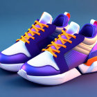 Modern sneakers: white sole, purple & blue gradient, orange laces, dynamic silhouette on blue background