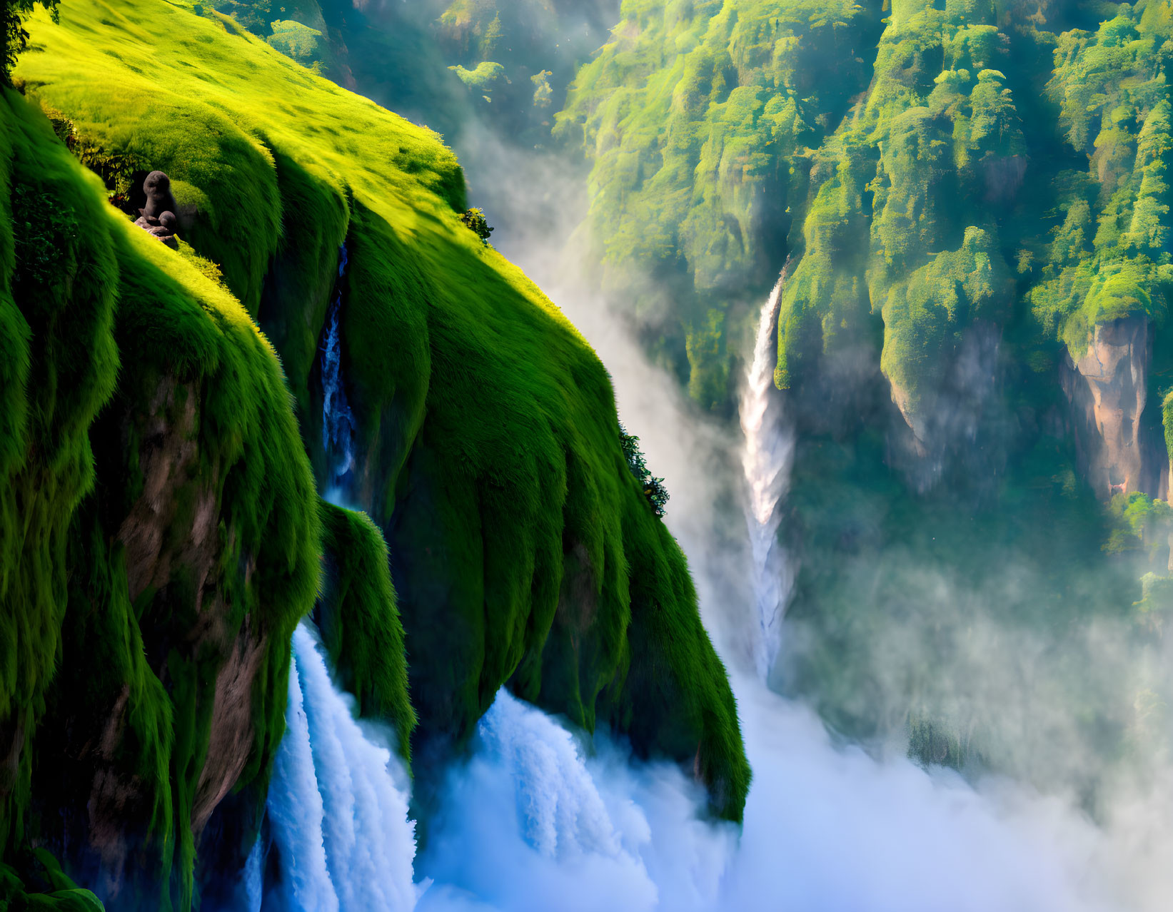 Majestic waterfall in lush greenery with cascading water and vibrant vegetation