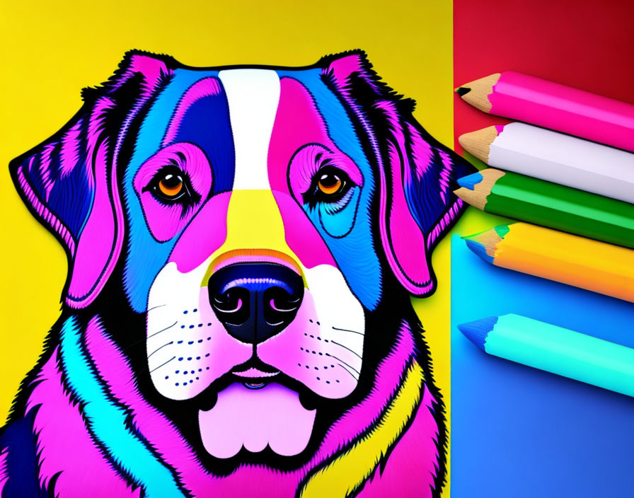 Vibrant pop art dog illustration with colorful pencils on tricolor backdrop