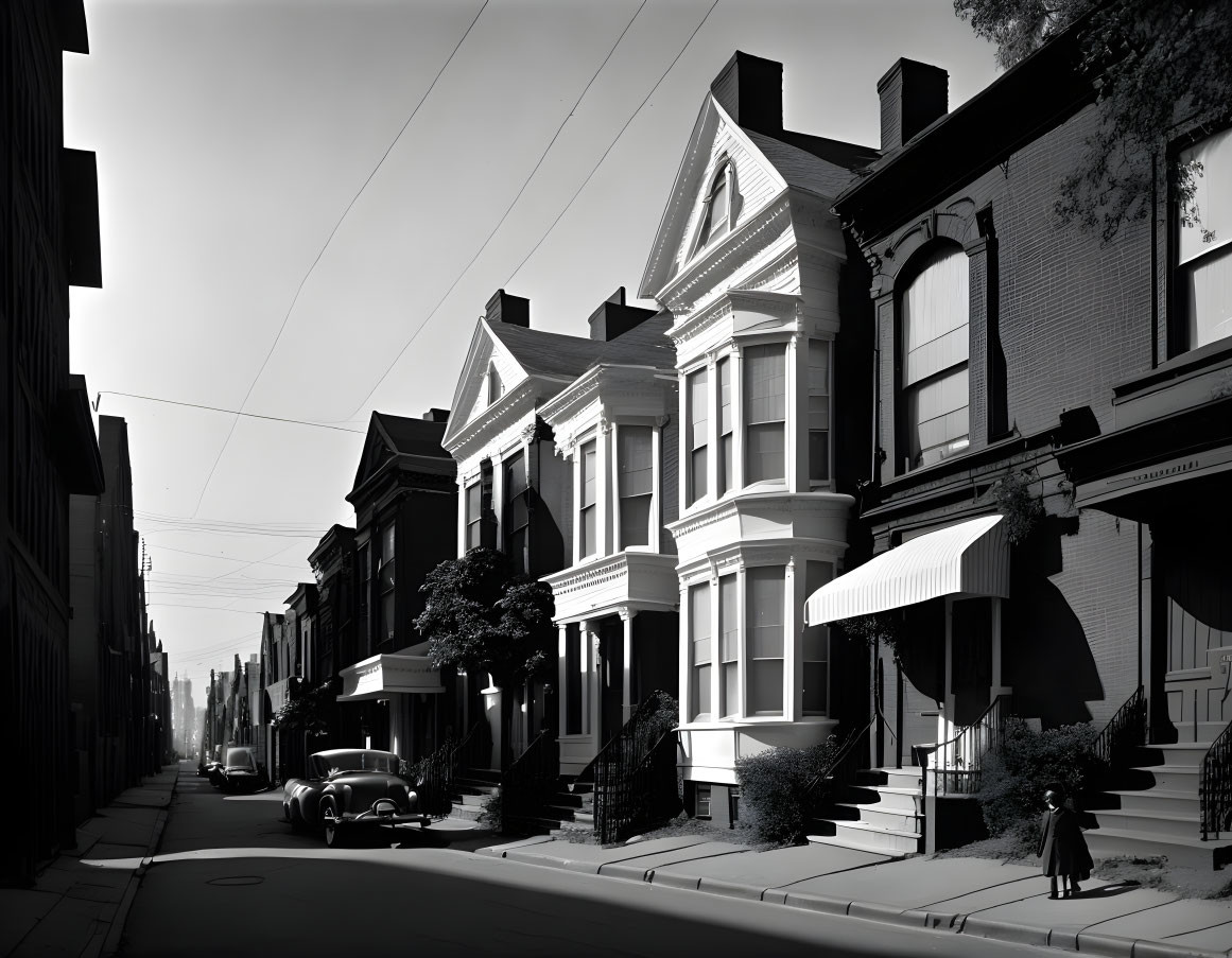 Vintage cars and townhouses in black and white street photo