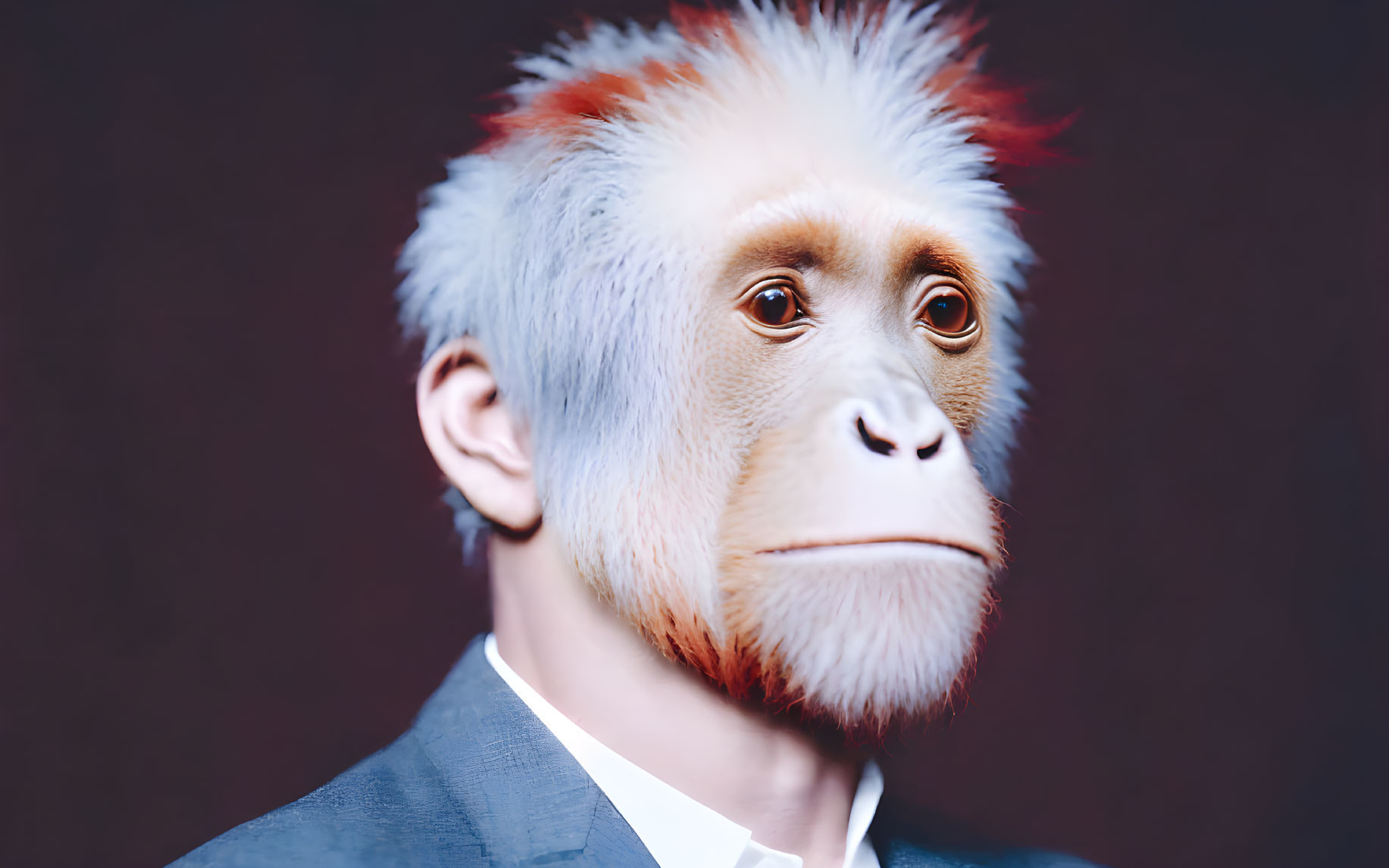 Surreal digital art: Monkey face on human body in suit against dark backdrop