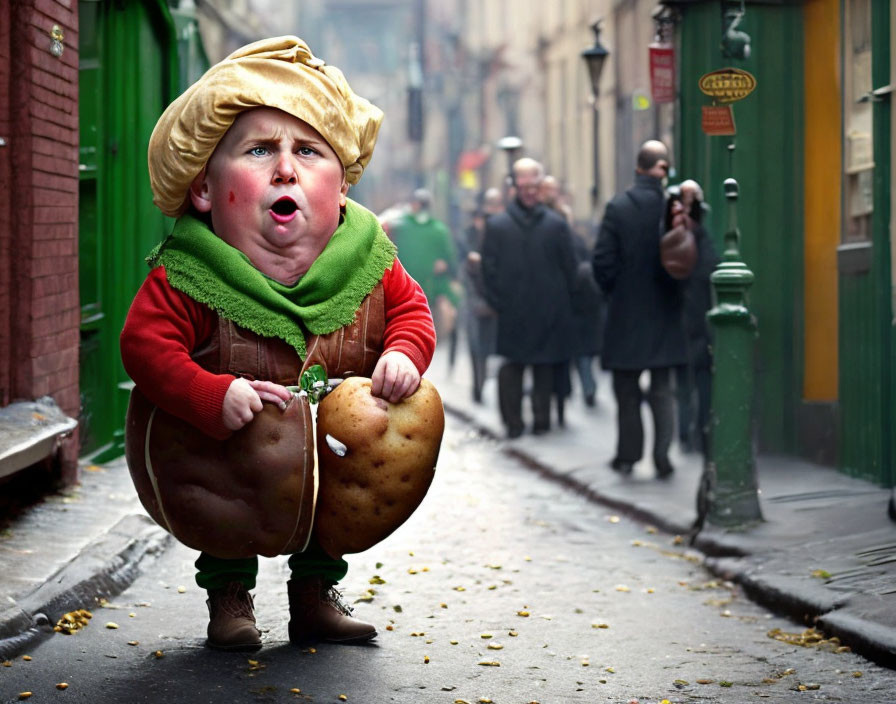 Digitally altered image of child with oversized head and giant potato in vintage street.