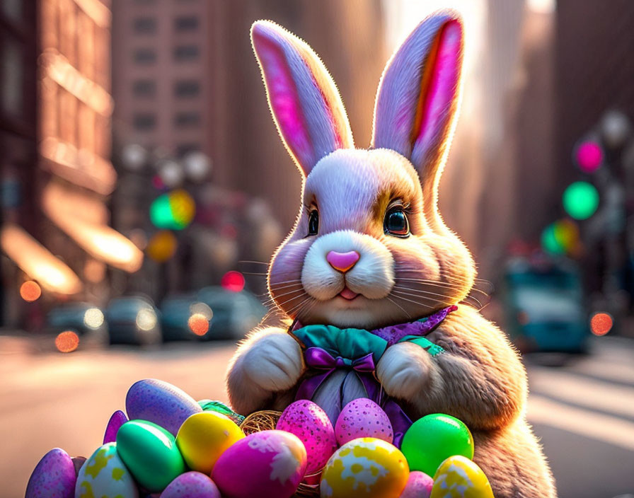 Colorful Easter Bunny with Bow Tie and Eggs in City Scene
