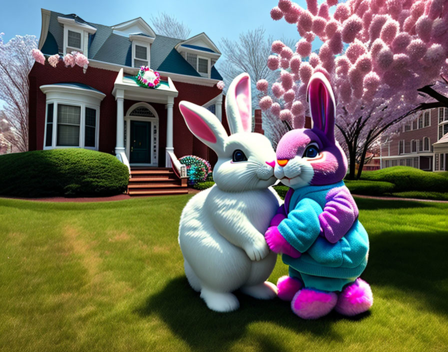 Two animated rabbits in clothes outside house with pink flowering trees