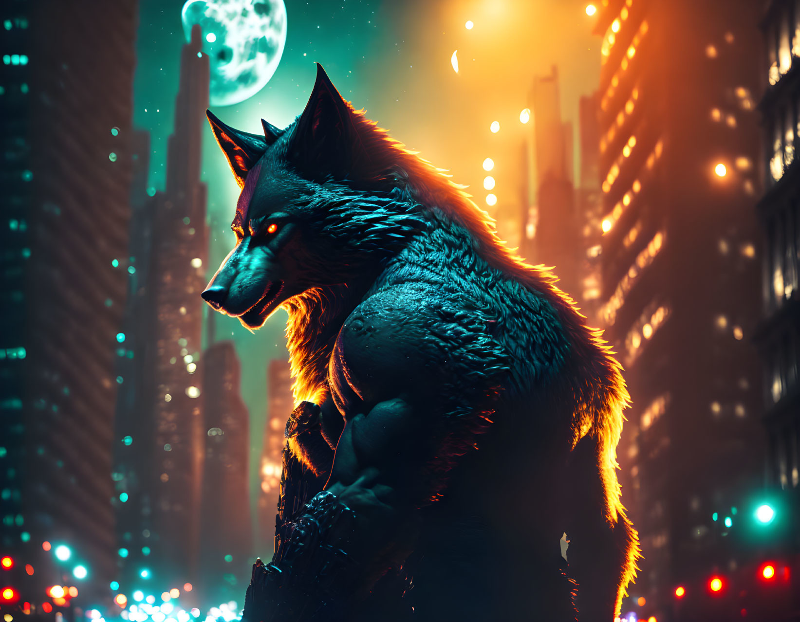 Anthropomorphic wolf in neon-lit city under full moon