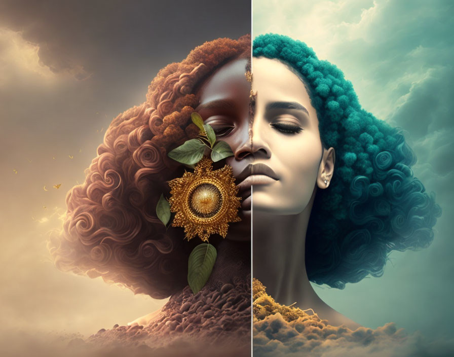 Split image: Women with floral tones vs. cloud-like hair