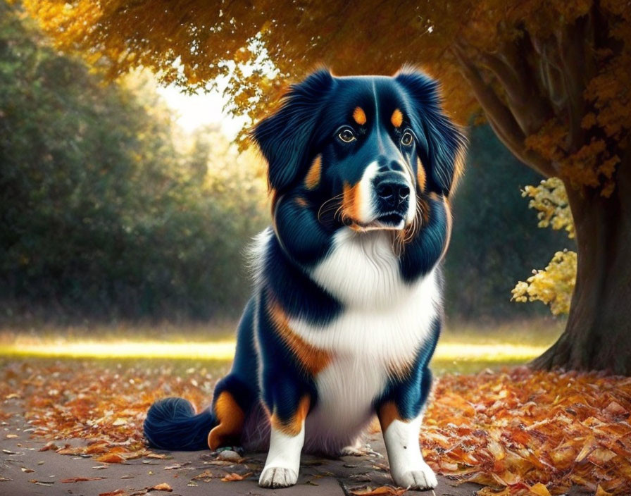 Tricolor Bernese Mountain Dog in autumn setting