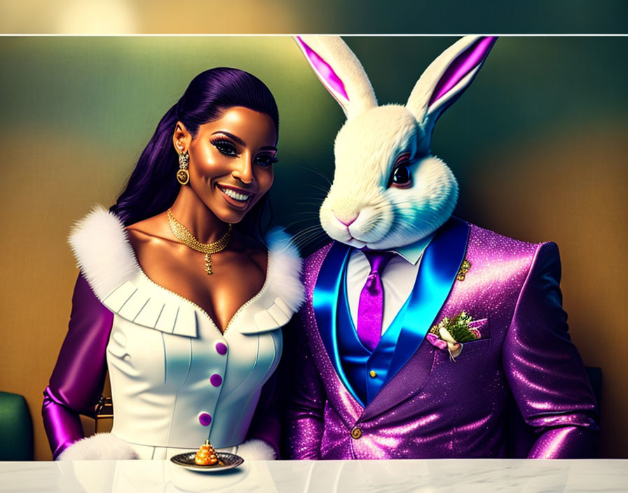 Stylish woman with smiling rabbit in purple suit at table