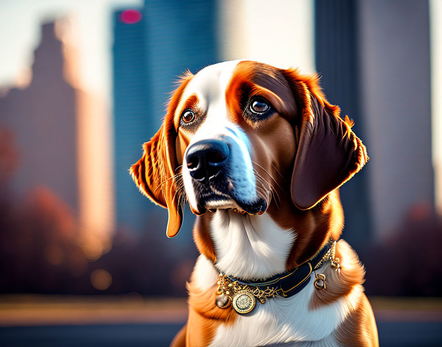 Brown and White Dog with Soulful Eyes and Golden Collar in Cityscape at Golden Hour