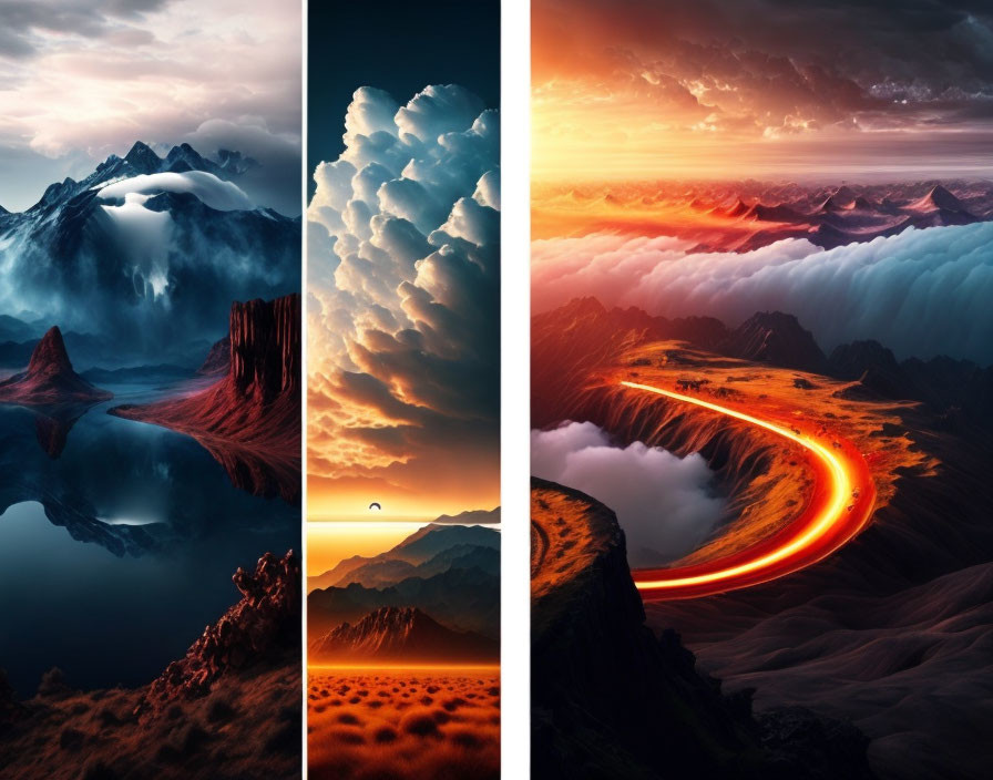 Quadriptych of Dramatic Landscape Paintings with Mountains, Clouds, Lake, and W