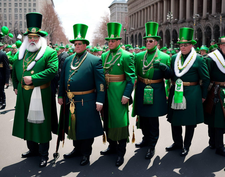 Six men in vibrant green suits and top hats at St. Patrick's Day parade