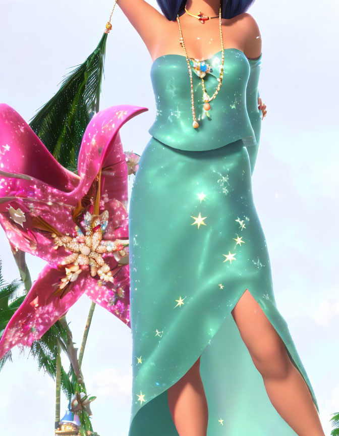 Animated character in turquoise dress with stars holding pink flower, tropical palm & blue sky.