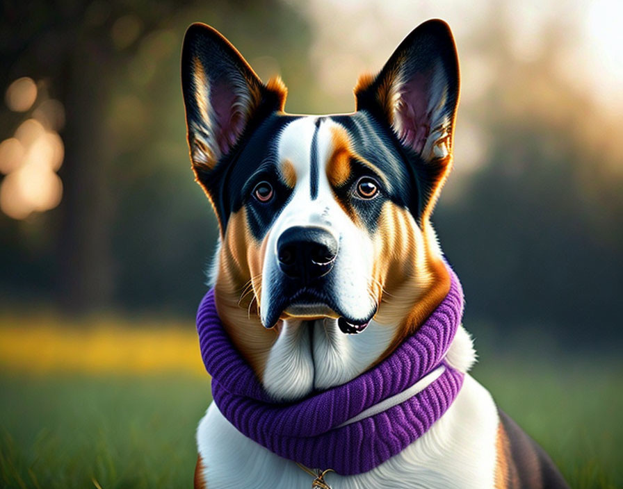 Black and White Dog with Brown Markings Wearing Purple Scarf in Natural Setting