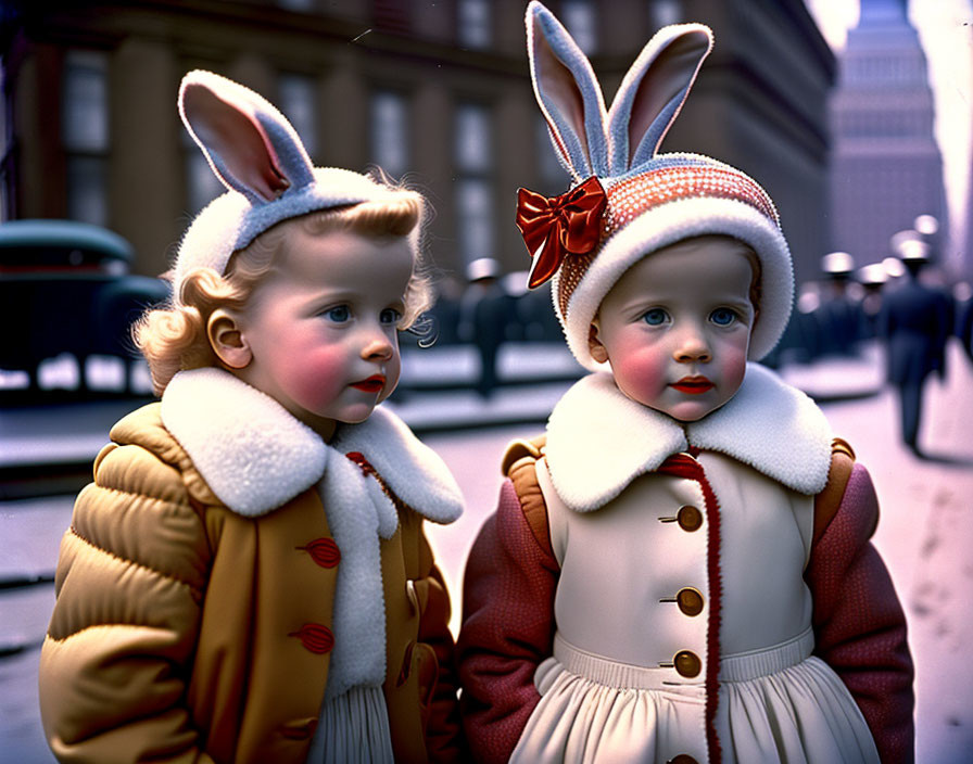 Young children in bunny ear hats and vintage coats on sunny day