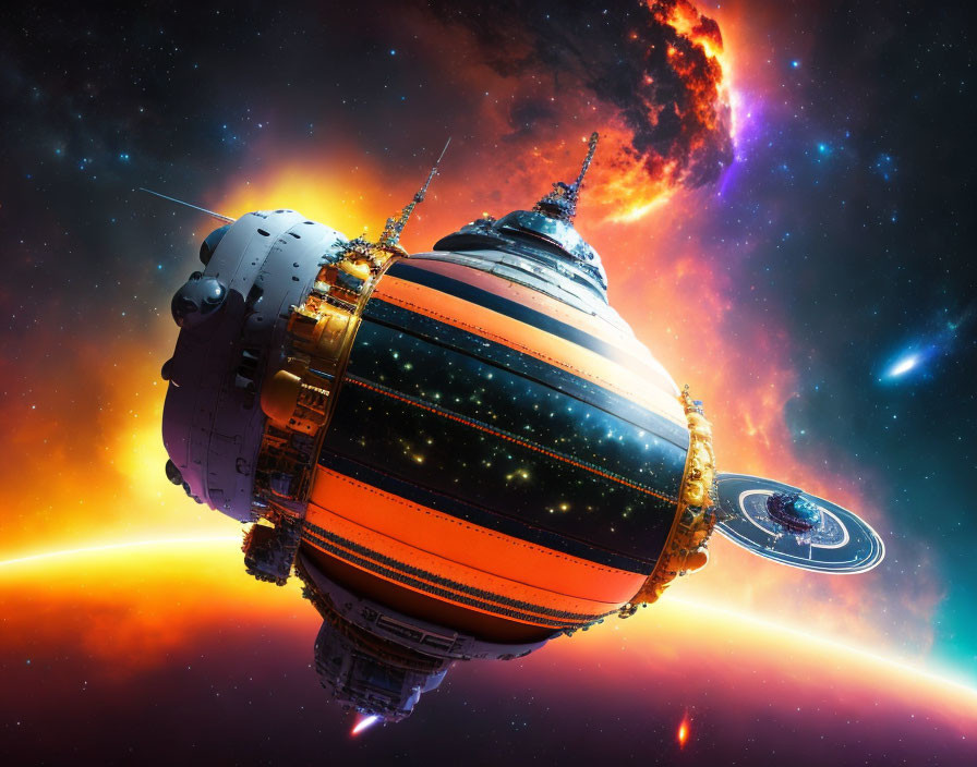 Spherical futuristic space station orbiting planet in vibrant cosmic scene