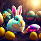 Colorful Easter Bunny with Painted Eggs in Sunlit Scene