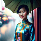 Traditional Blue Ao Dai with Floral Patterns and Green Umbrella in Rainy City Scene